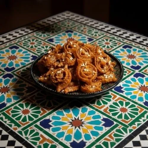 Chebakia, Morocco’s iconic Ramadan pastry — deep-fried, shaped into flowers, coated in honey, and sprinkled with sesame, served almost exclusively during the holy month.
