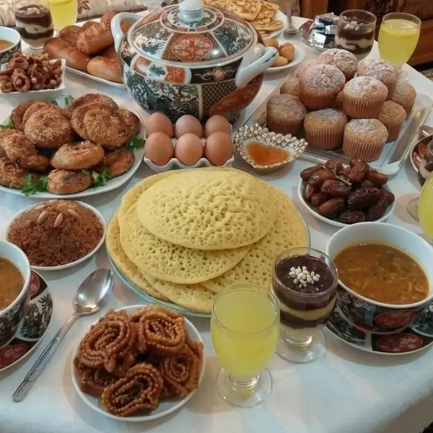 A traditional Moroccan iftar table with steaming harira at the center, surrounded by fresh juices, dates, and homemade Ramadan sweets, capturing the warmth of breaking fast together. (Your Complete Guide to Visiting Morocco During Ramadan)