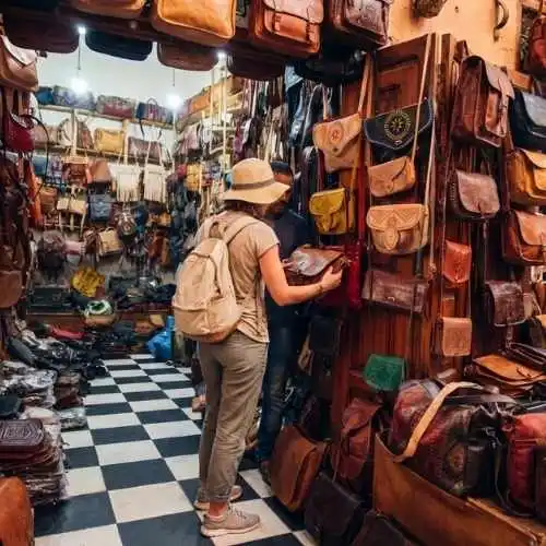 Marrakech Souks-  A visitor browsing handcrafted leather bags at Souk Cherratine in Marrakech, where traditional and modern designs hang side by side