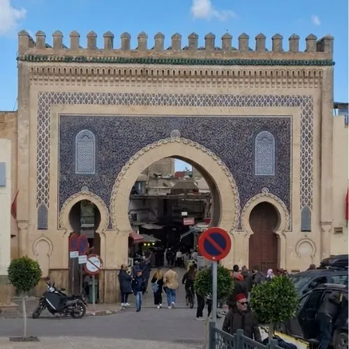 Bab Boujloud gate in Fes, the main entrance to the historic medina with traditional Moroccan tilework