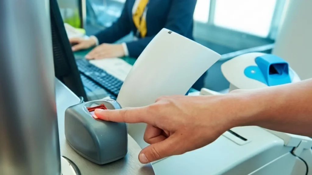 Traveller scanning fingerprint at a biometric EES checkpoint before boarding a ferry from Spain to Morocco