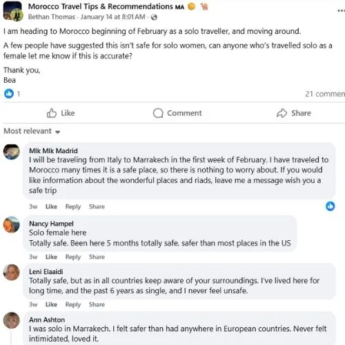  Screenshot from a Facebook group showing testimonials from solo female travellers, one spent 5 months in Morocco saying it's safer than most places in the US, another visited Marrakech and felt safer than anywhere in European countries