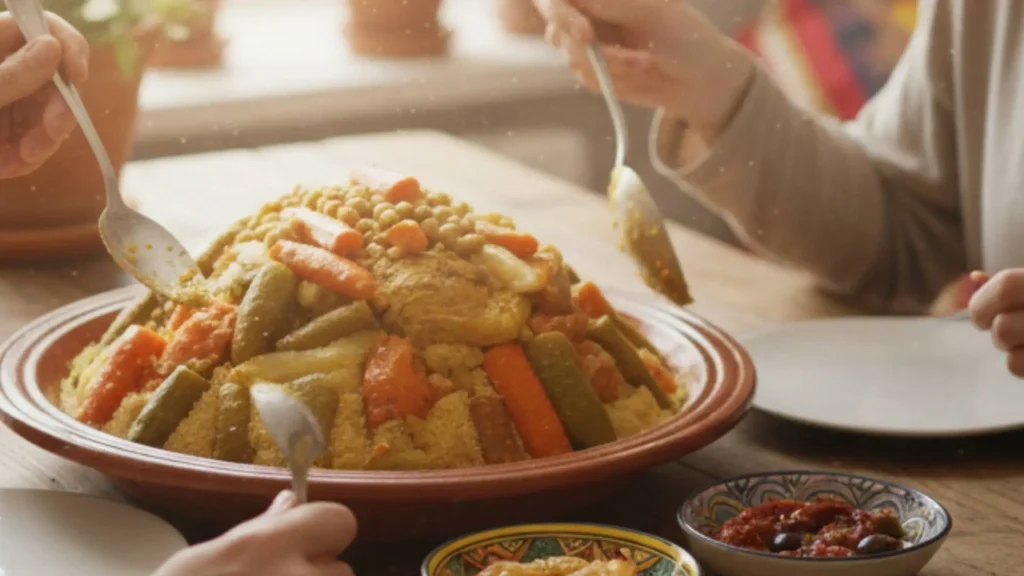 Traditional Moroccan vegetable couscous served on an authentic table — Moroccan cuisine is an essential part of any honeymoon in Morocco experience
