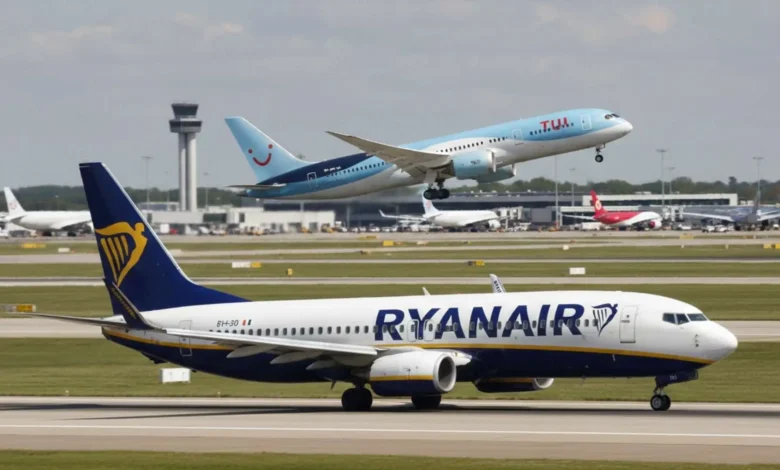 A Ryanair aircraft on the runway and a TUI plane at the airport