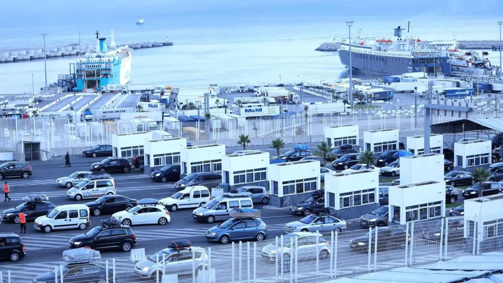 Cars disembarking at Tanger Med port after arriving on a ferry from Spain to Morocco during the busy summer Marhaba season
