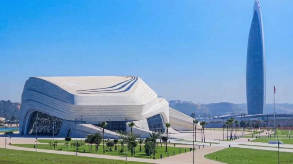 The Grand Theatre of Rabat and the Mohammed VI Tower, Morocco's tallest building featured among the world's tallest buildings in Africa, overlooking the Bouregreg Valley