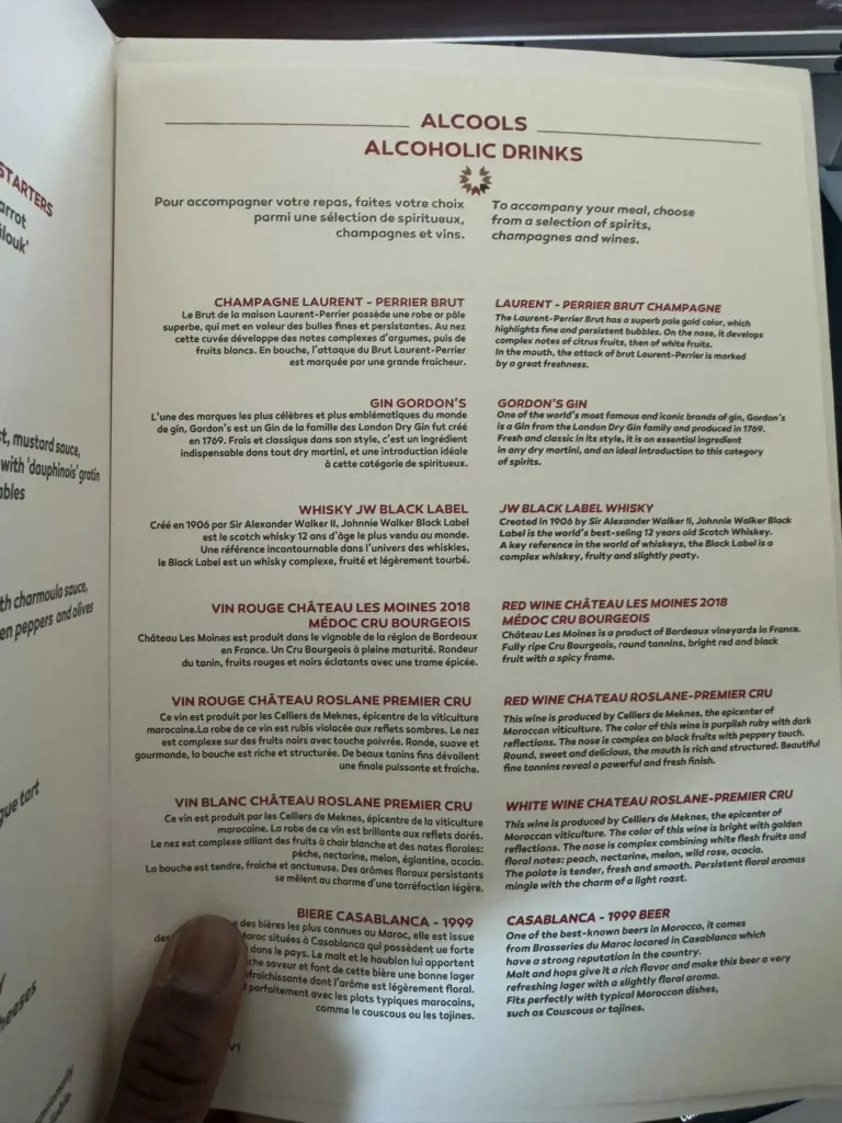 royal air maroc business class drinks menu champagne moroccan wine