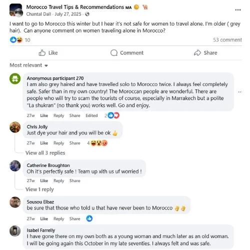Screenshot from a Morocco travel Facebook group showing comments from female travellers confirming Morocco is safe for solo women, including one in her late seventies who says she visited Morocco multiple times and always felt safe