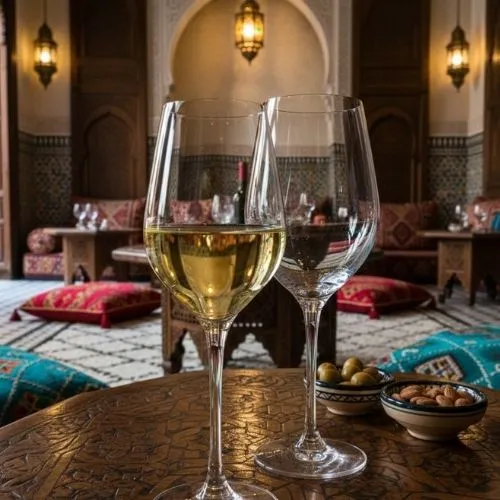 Glasses of Moroccan wine served in a traditional riad setting with zellige tiles and warm lighting