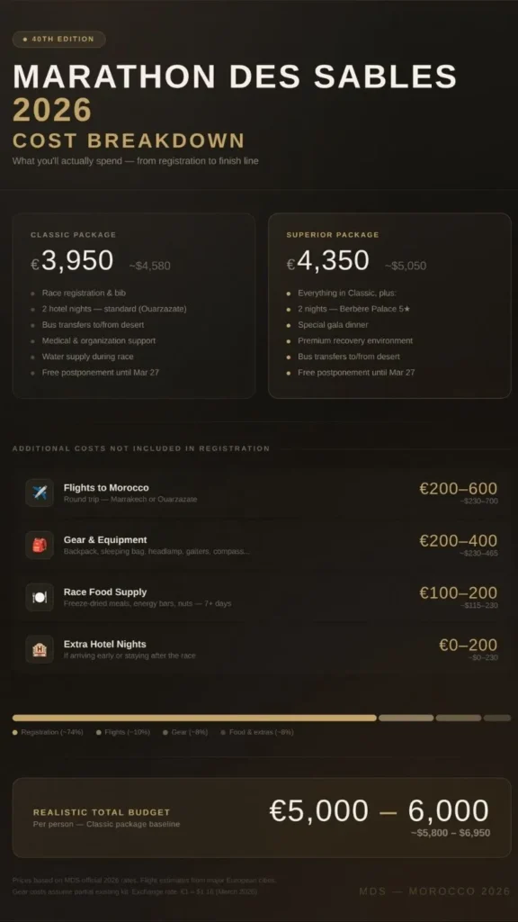 Marathon des Sables 2026 cost breakdown infographic with package prices and total budget in EUR and USD