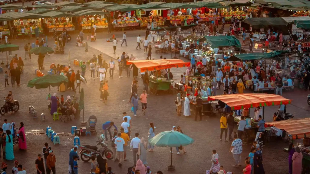 Jemaa el-Fna square in Marrakech at sunset — a public space where drinking alcohol is not allowed in Morocco