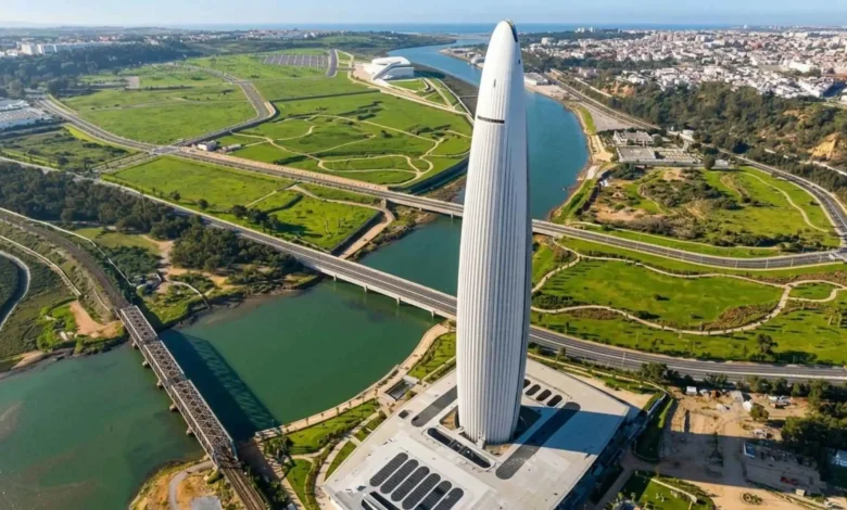 Aerial view of the Mohammed VI Tower in Rabat overlooking the Bouregreg Valley and modern infrastructure — a symbol of the ambition behind tourism investment in Morocco.
