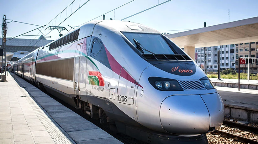 Morocco's Al Boraq high-speed train at a station, part of the world-class infrastructure supporting tourism investment in Morocco.