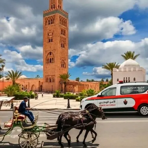 AI-generated illustration showing a tourist police vehicle patrolling near Koutoubia Mosque in Marrakech, representing the security infrastructure that helps make Morocco safe for Americans.