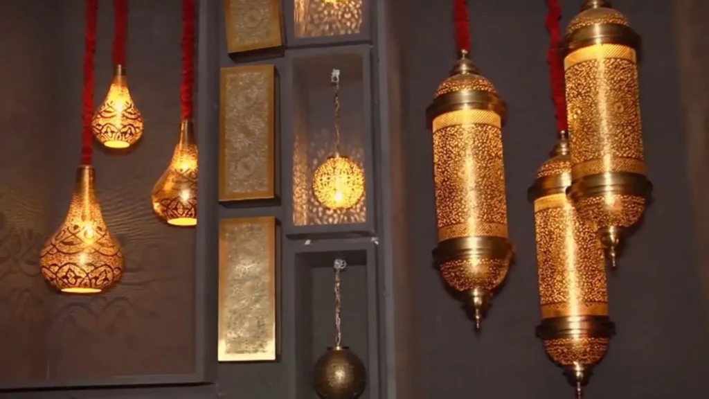 Handcrafted Moroccan brass lanterns casting intricate light patterns