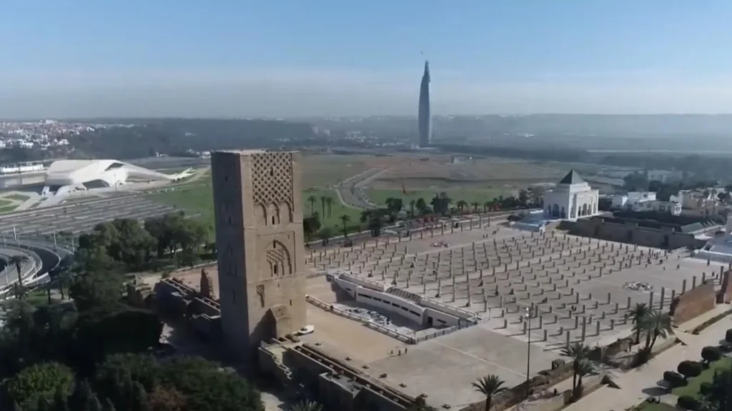  Mohammed VI Tower ticket price worth it — view of Hassan Tower esplanade with the Mohammed VI Tower in the distance
