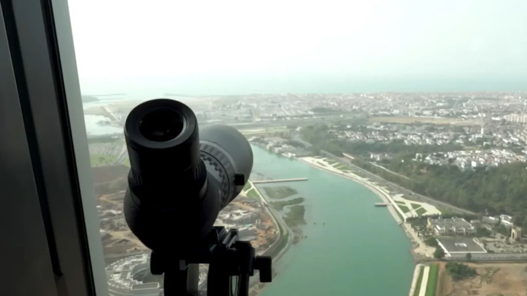 View from Mohammed VI Tower observatory — panoramic telescope overlooking the Bouregreg River and Rabat medina