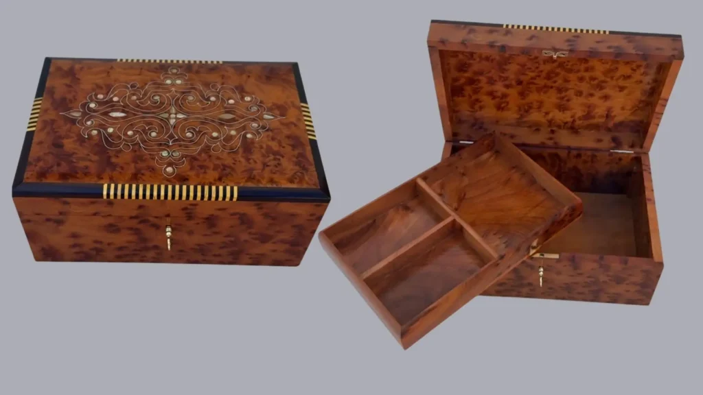  Handcrafted thuya wood jewelry box with inlaid decorative patterns from Essaouira — a unique artisan find for what to buy in Essaouira