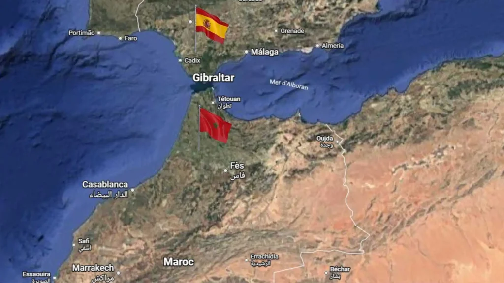 Satellite map showing the Strait of Gibraltar separating Morocco and Spain by just 14 kilometers — the best time to visit Morocco and Spain together is April to May or September to October