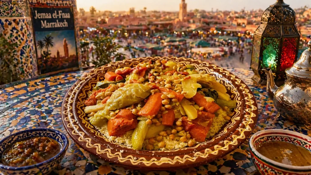Moroccan couscous with seven vegetables and chickpeas served on a traditional ceramic plate overlooking Jemaa el-Fna square in Marrakech