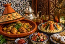 Traditional Moroccan food spread featuring chicken tagine with olives, couscous with seven vegetables, mint tea and Moroccan sweets
