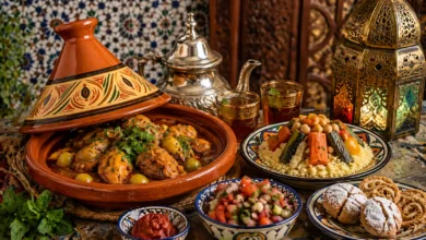 Traditional Moroccan food spread featuring chicken tagine with olives, couscous with seven vegetables, mint tea and Moroccan sweets