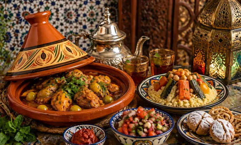 Traditional Moroccan food spread featuring chicken tagine with olives, couscous with seven vegetables, mint tea and Moroccan sweets