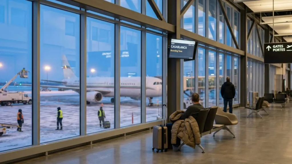 A traveler sitting at an airport gate looking out at an airplane on the tarmac, with a flight information screen showing "Casablanca" as the destination.