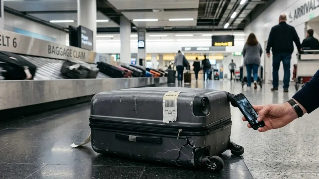 A passenger photographing a cracked suitcase at an airport to provide evidence for Flight Delay Compensation Morocco.