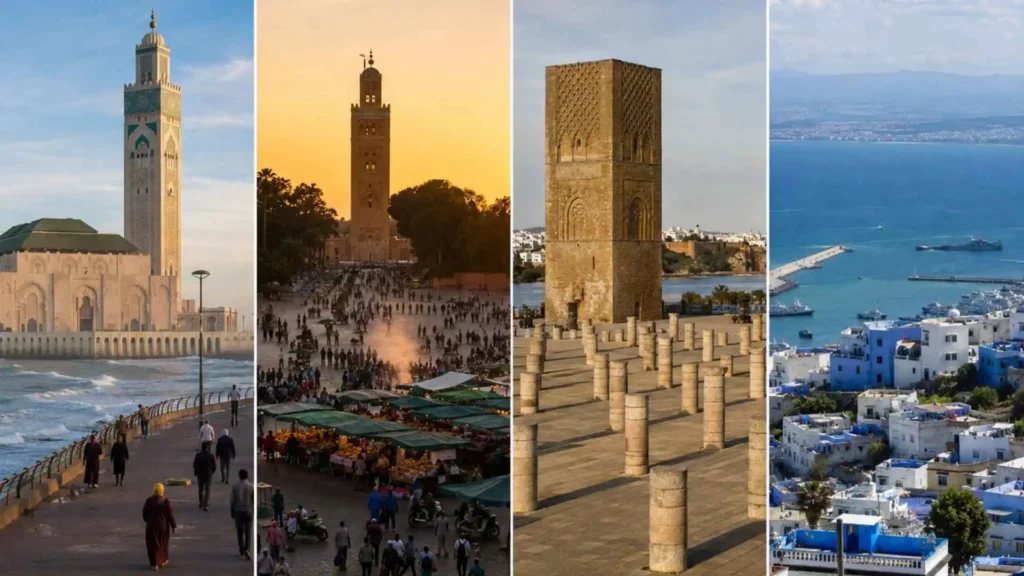 Casablanca, Marrakech, Rabat, and Tangier, the four Moroccan cities most often searched by travelers booking flights to Morocco from NYC.