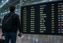 An airport departure board displaying several delayed flights, used to verify eligibility for Flight Delay Compensation Morocco.