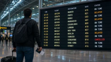 An airport departure board displaying several delayed flights, used to verify eligibility for Flight Delay Compensation Morocco.