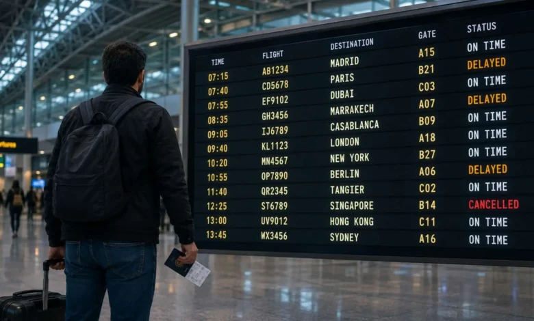 An airport departure board displaying several delayed flights, used to verify eligibility for Flight Delay Compensation Morocco.