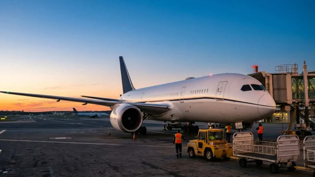 A commercial airplane at a terminal gate during sunset, illustrating a journey eligible for Flight Delay Compensation Morocco