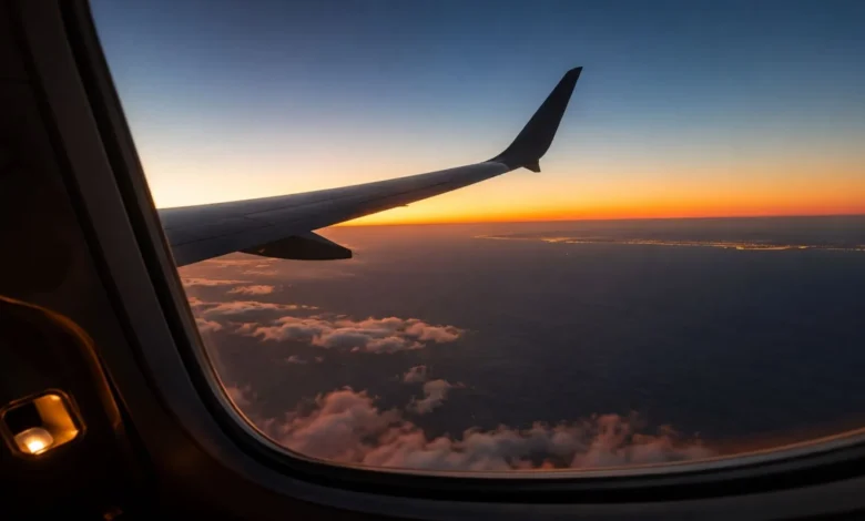 View of the Moroccan coastline at sunrise from the window of a transatlantic aircraft, illustrating the experience of flights to Morocco from NYC.