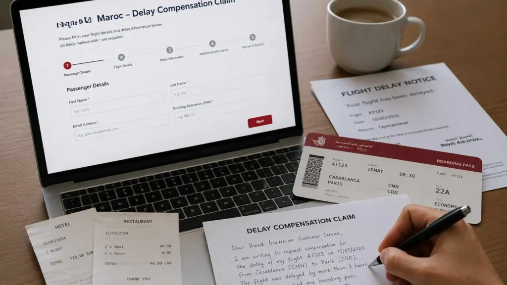 A traveler filling out a formal claim form next to a boarding pass to secure Flight Delay Compensation Morocco.