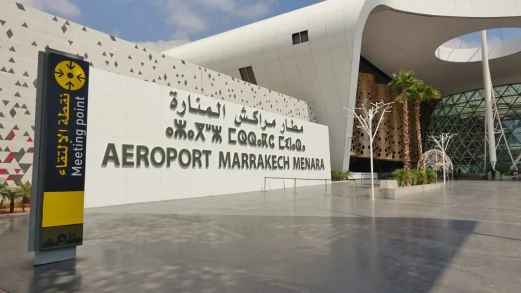 Main entrance of Marrakech Menara Airport, the arrival point for the seasonal nonstop flights to Morocco from NYC operated by United Airlines.