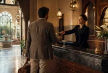 Morocco hotel star ratings 2026: a guest checking in at the marble reception desk of an upscale Moroccan riad-style hotel, receiving a brass key from a smiling receptionist.