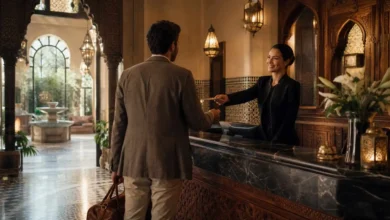 Morocco hotel star ratings 2026: a guest checking in at the marble reception desk of an upscale Moroccan riad-style hotel, receiving a brass key from a smiling receptionist.