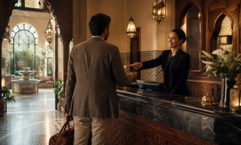 Morocco hotel star ratings 2026: a guest checking in at the marble reception desk of an upscale Moroccan riad-style hotel, receiving a brass key from a smiling receptionist.