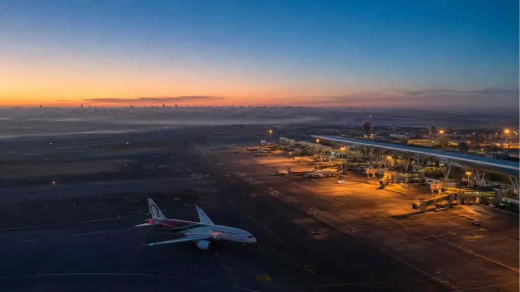 Aerial view of Mohammed V International Airport in Casablanca at dawn, the main arrival hub for flights to Morocco from NYC.